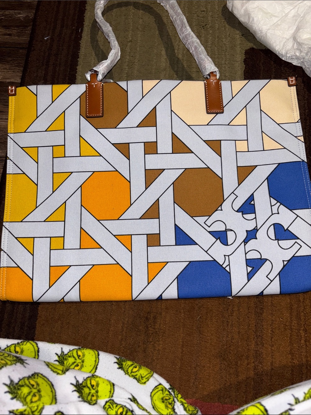 Tory Burch Geometric Pattern Large Tote Bag in Yellow, Orange, Blue and Brown
